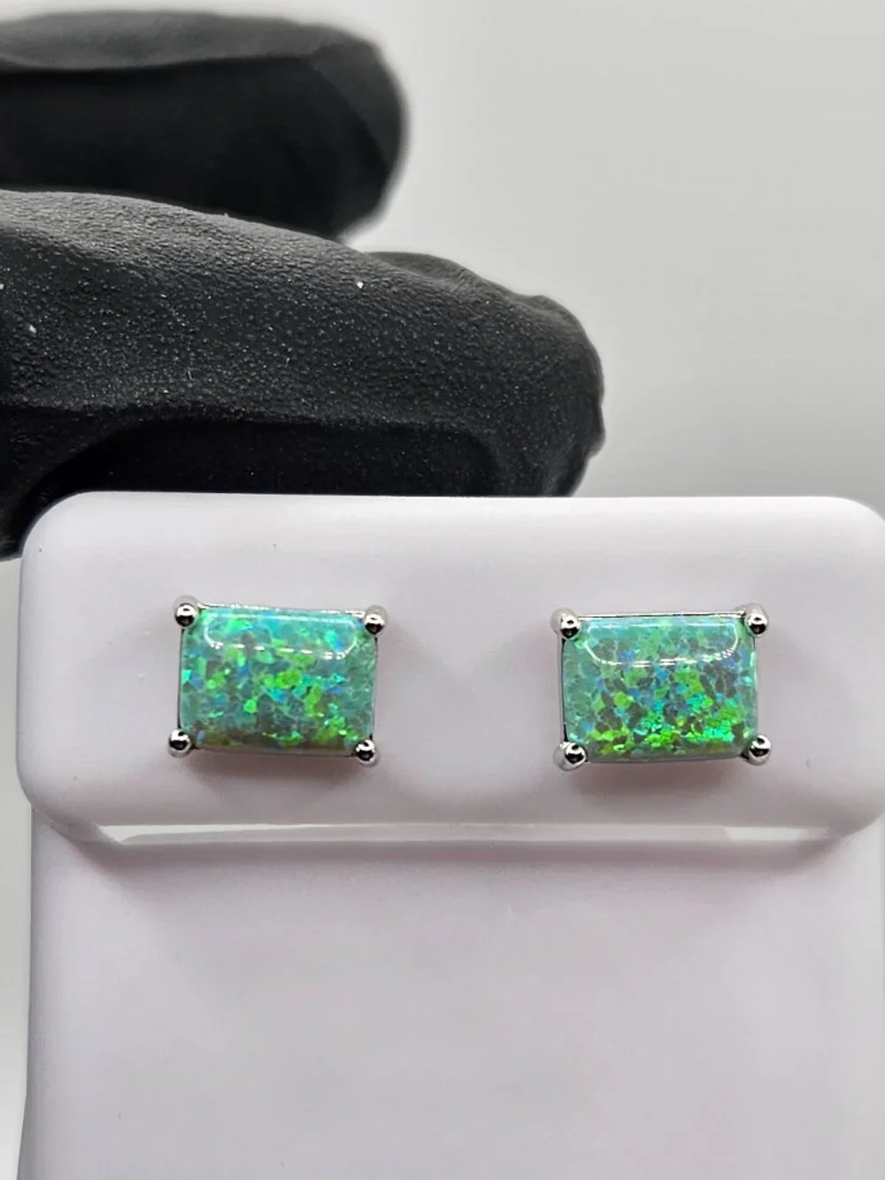 925 Sterling Silver Emerald Green Natural Opal Emerald Cut Earrings 6x8mm
